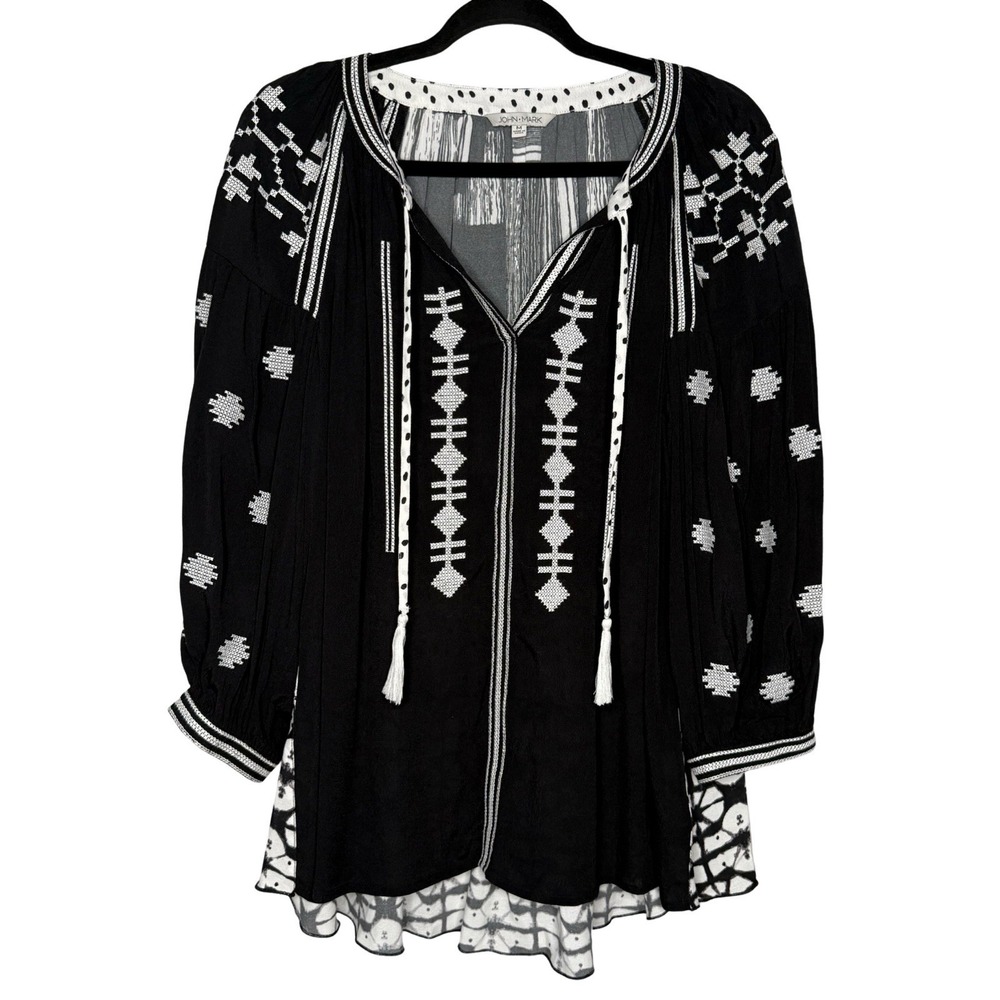 John Mark Tasseled Embroidered Peasant Top Size M Black White Cross Stitch Boho